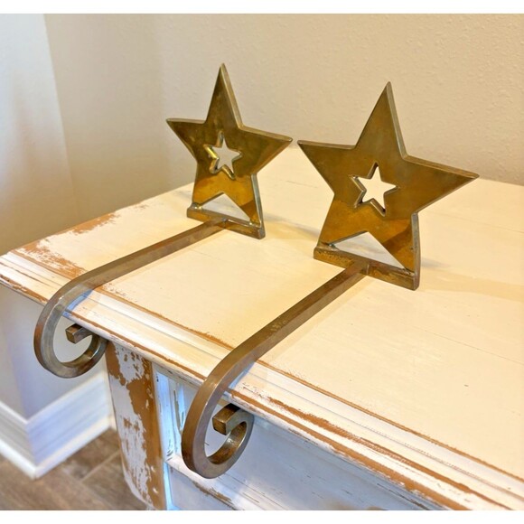 Vintage Set of 2 Solid Brass Christmas Star Stocking Holder Long Arm Used - Picture 1 of 15